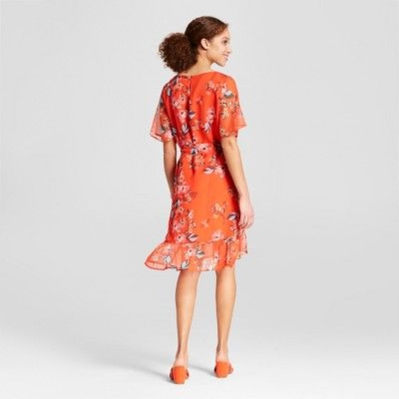 NEW Red Floral Print Short Sleeve Ruffle Dress D2 - Picture 3 of 8
